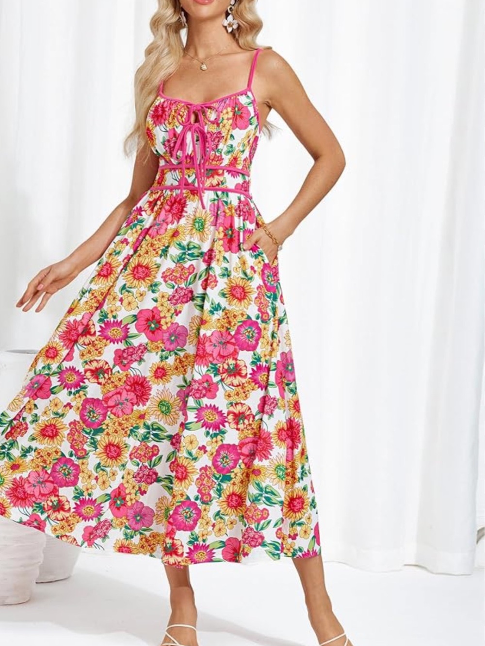 Grace Karin Pink & White Floral Tie-Front Midi Dress